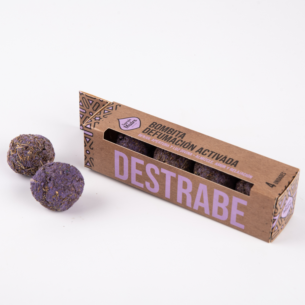 Incienso Destrabe: caja de 4 bombitas cilíndricas de defumación activada, humo purificador; favorece relajación y claridad.