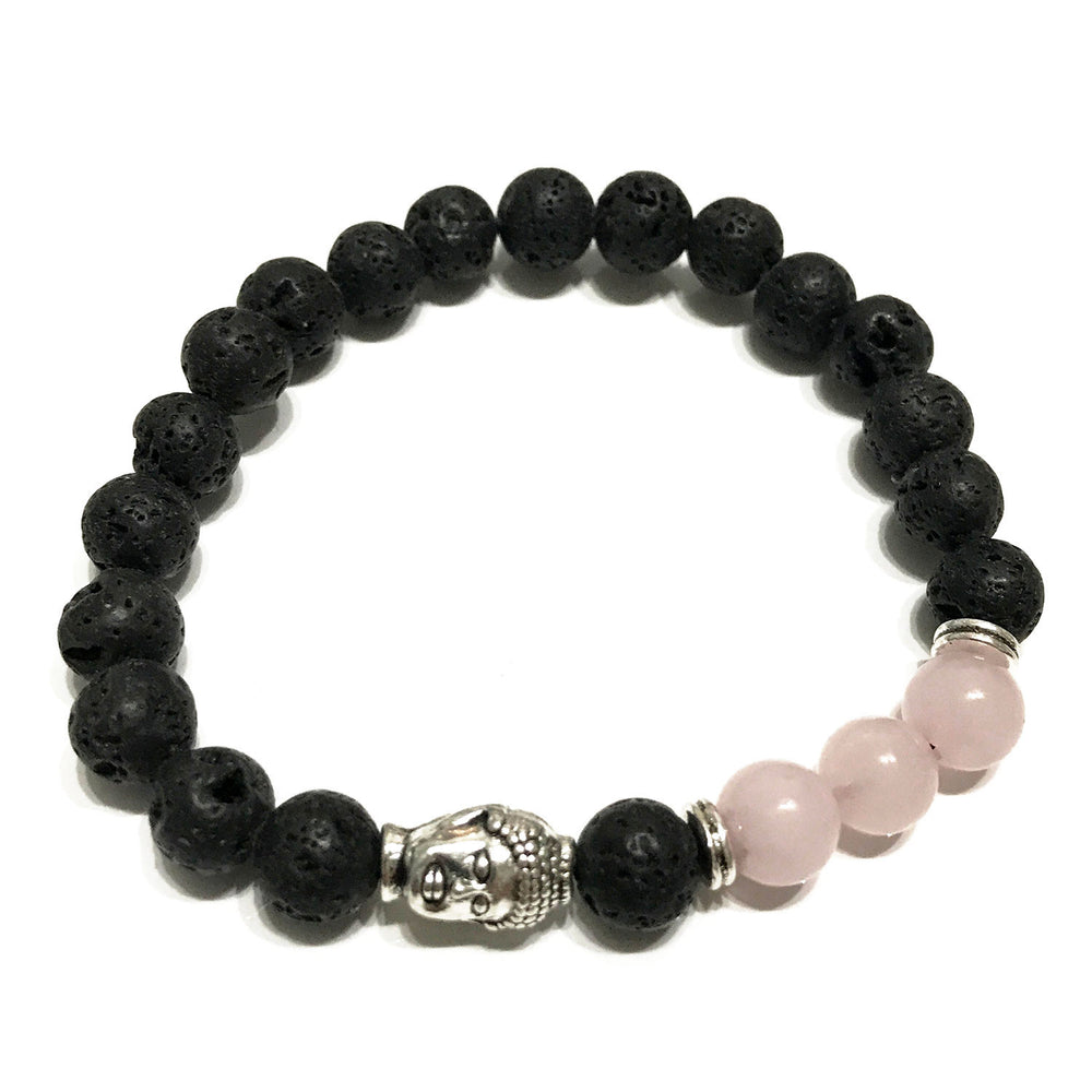 Pulsera elástica de lava y cuarzo rosa con Buda, cuentas porosas y color rosado; equilibrio y calma - amor y meditación