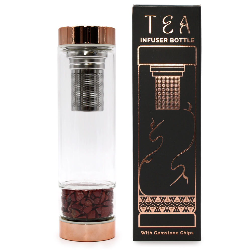 Botella de cristal borosilicato 500 ml con tapa oro rosa, infusor extraíble y jaspe rojo en la base - calma y energía