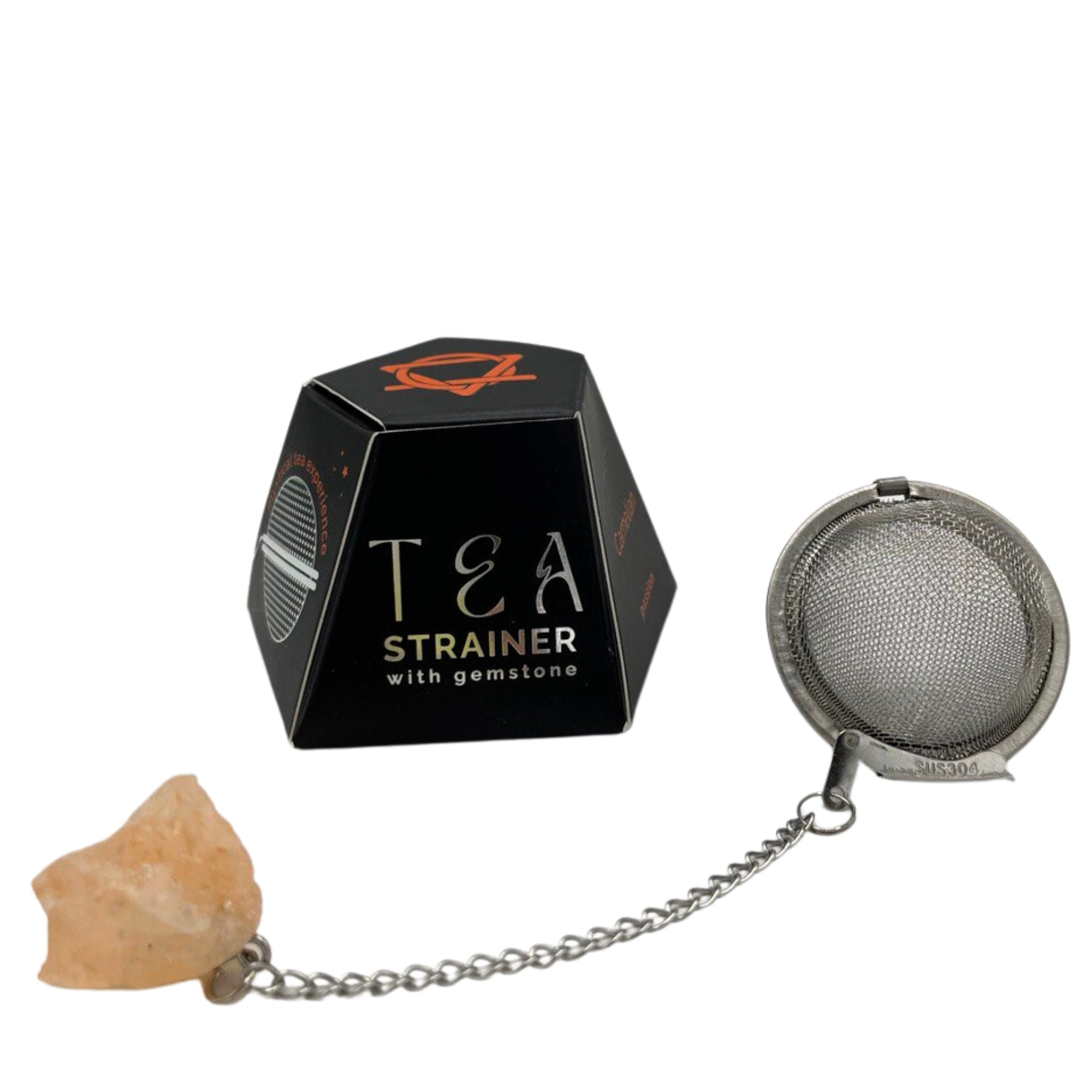 Colador de té con acero SUS304 y Cornalina cruda en cadena; malla y piedra naranja, pieza única - infusión con energía