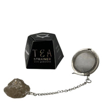 Colador de té con cuarzo ahumado, malla de acero inoxidable SUS304 y piedra natural en cadena – enraizamiento y protección