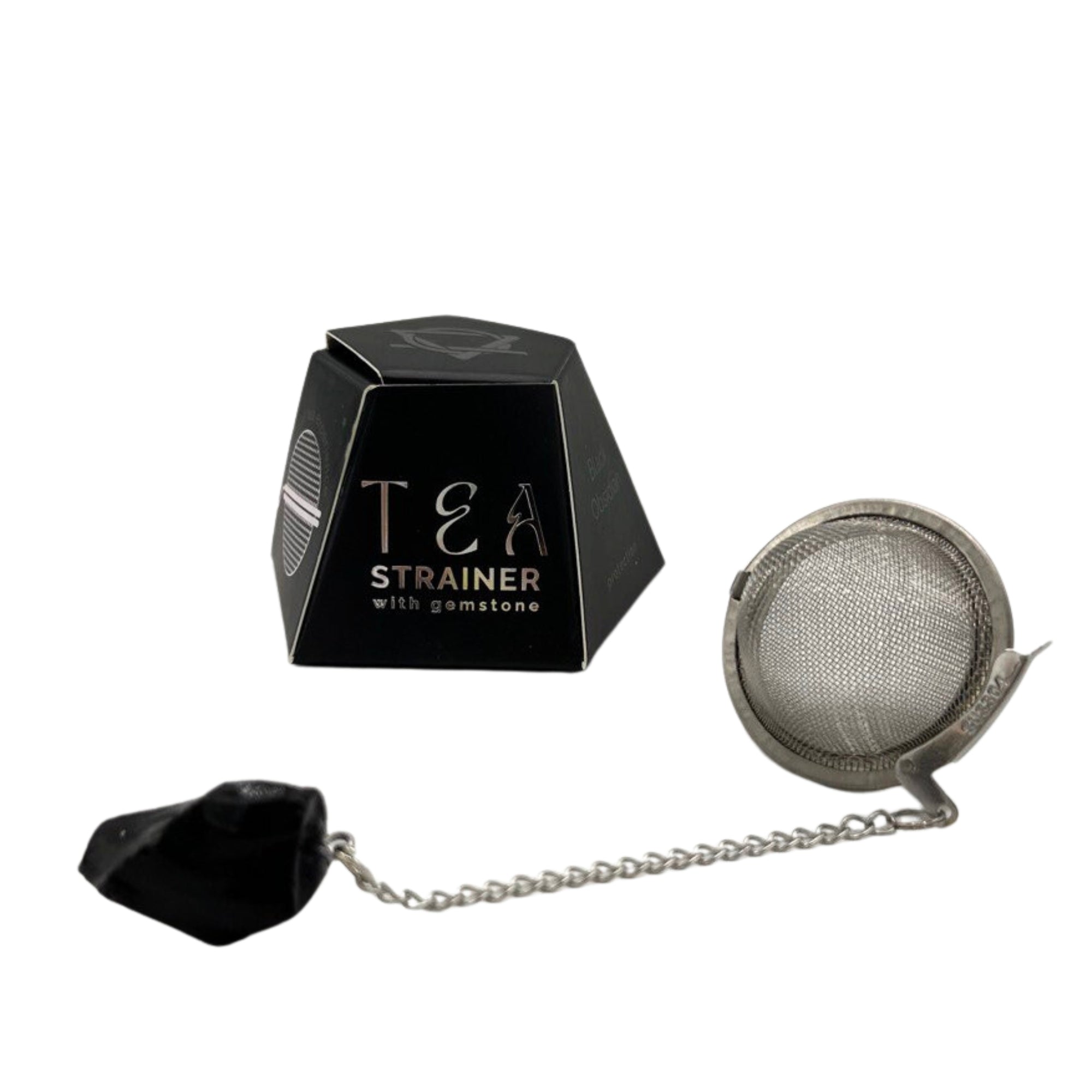Colador de té con obsidiana negra, malla de acero SUS304 con cadena; piedra natural – protección y enraizamiento.