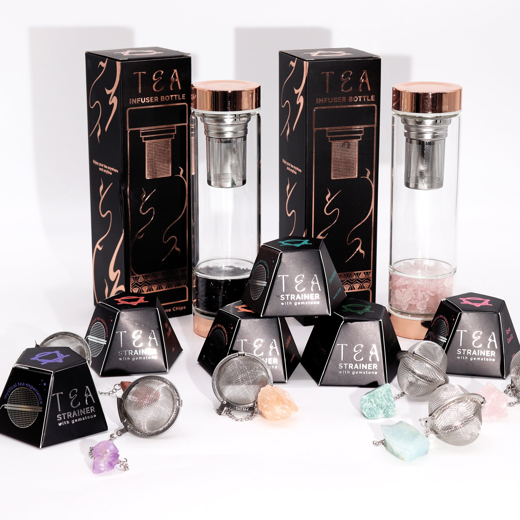 Colador de té con cuarzo de roca crudo, acero inoxidable SUS304, malla con cadena y piedra natural - claridad y energía