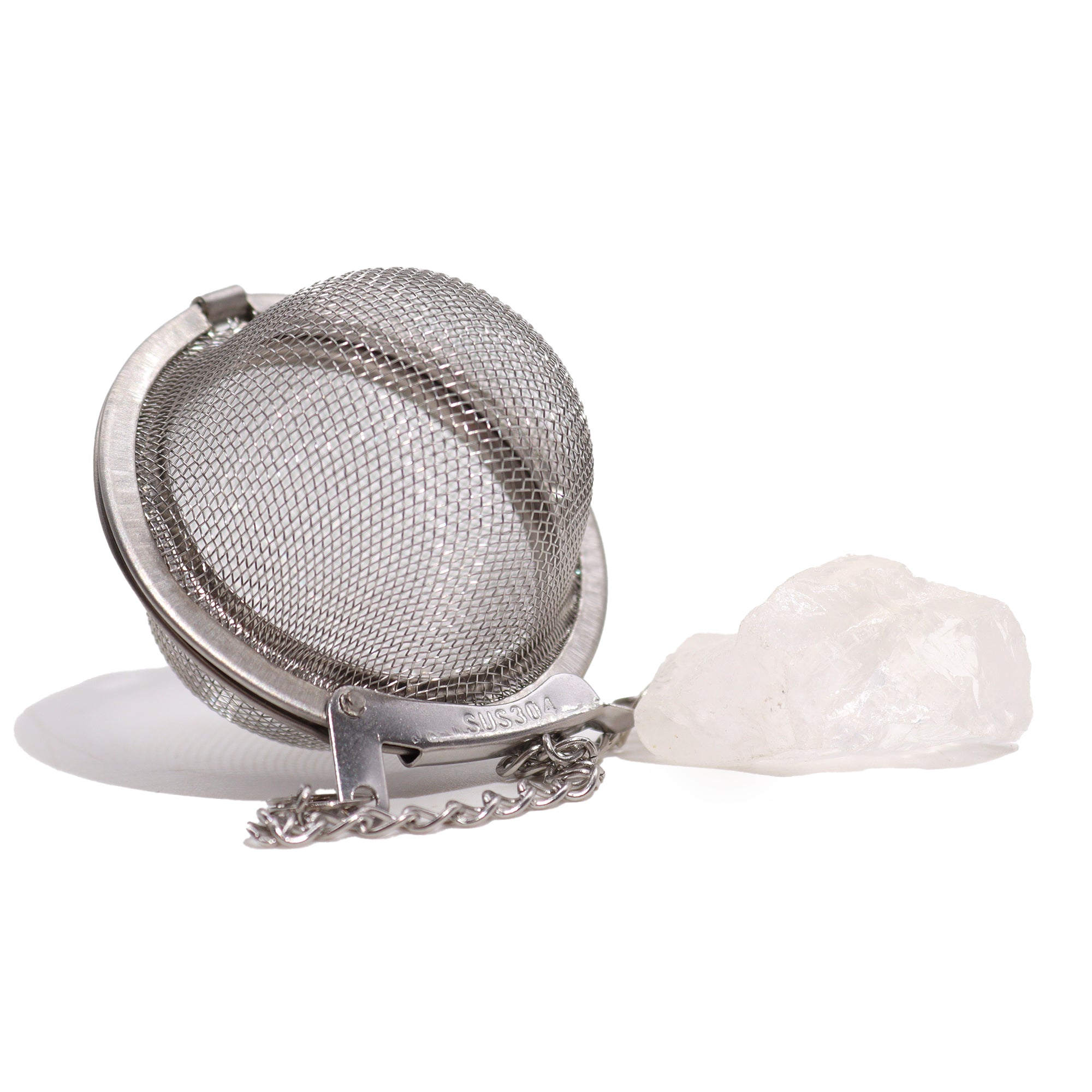 Colador de té con cuarzo de roca crudo, acero inoxidable SUS304, malla con cadena y piedra natural - claridad y energía
