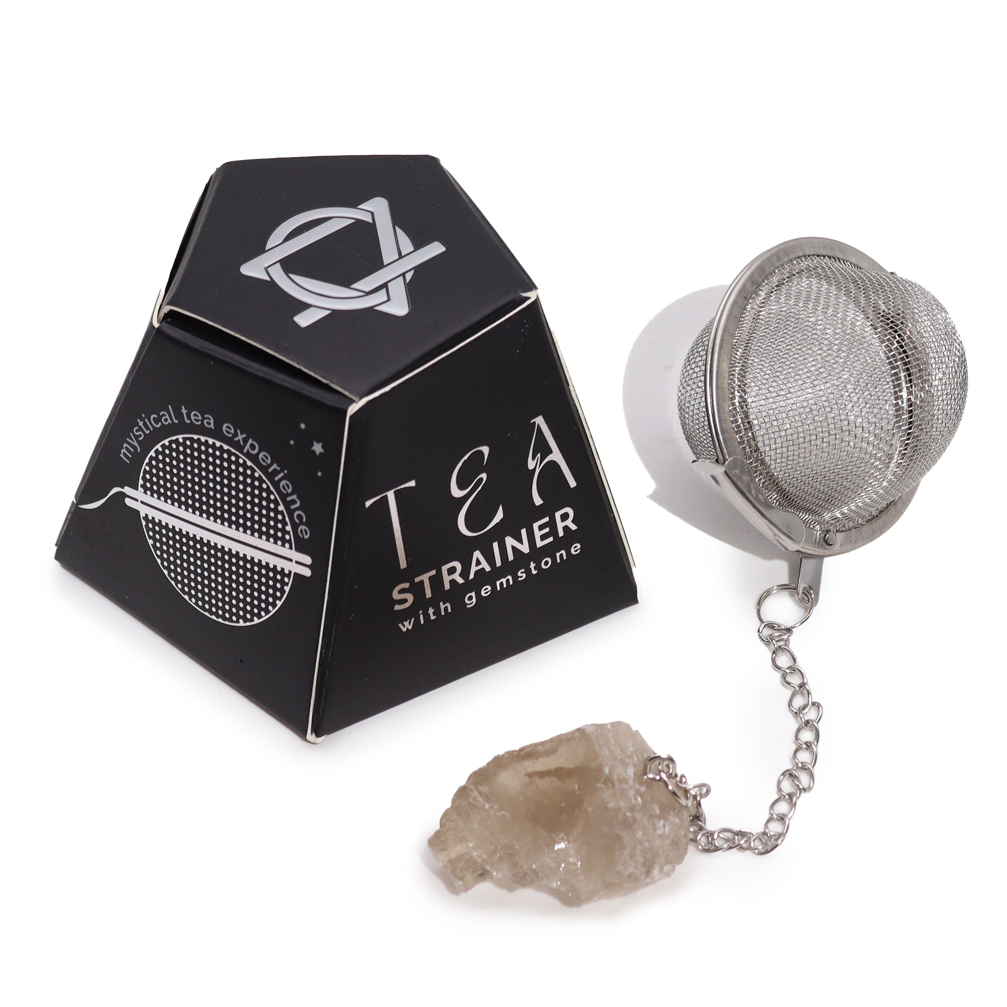 Colador de té con cuarzo ahumado, malla de acero inoxidable SUS304 y piedra natural en cadena – enraizamiento y protección