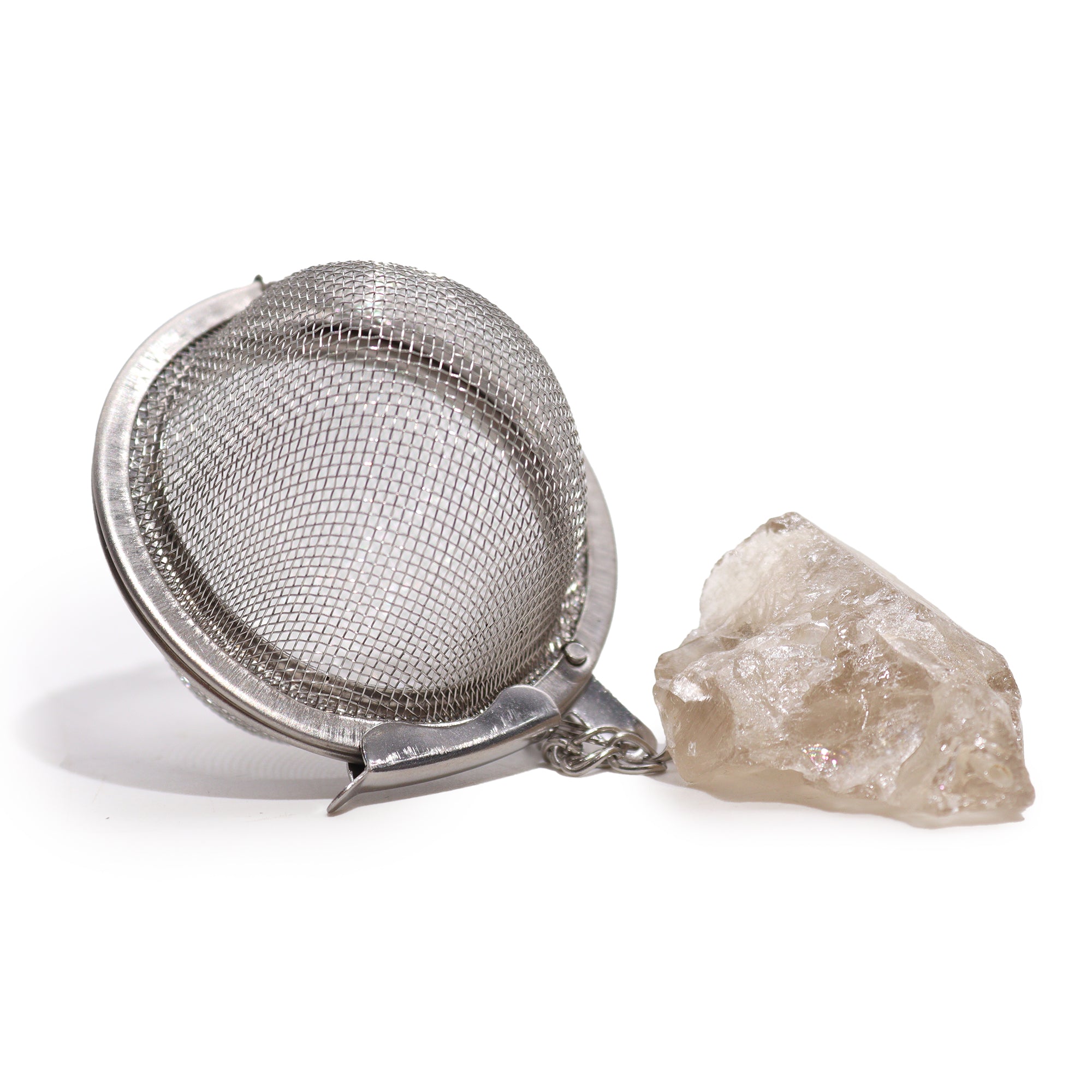 Colador de té con cuarzo ahumado, malla de acero inoxidable SUS304 y piedra natural en cadena – enraizamiento y protección