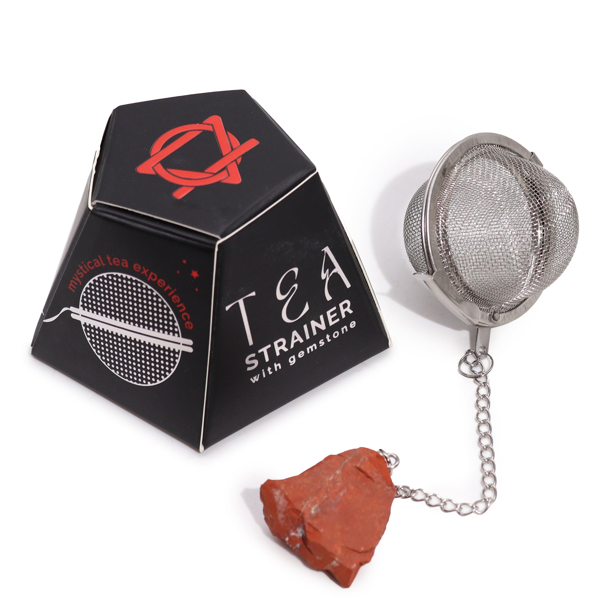 Colador de té con jaspe rojo crudo en acero SUS304, malla con cadena y piedra natural - aporta enraizamiento y vitalidad