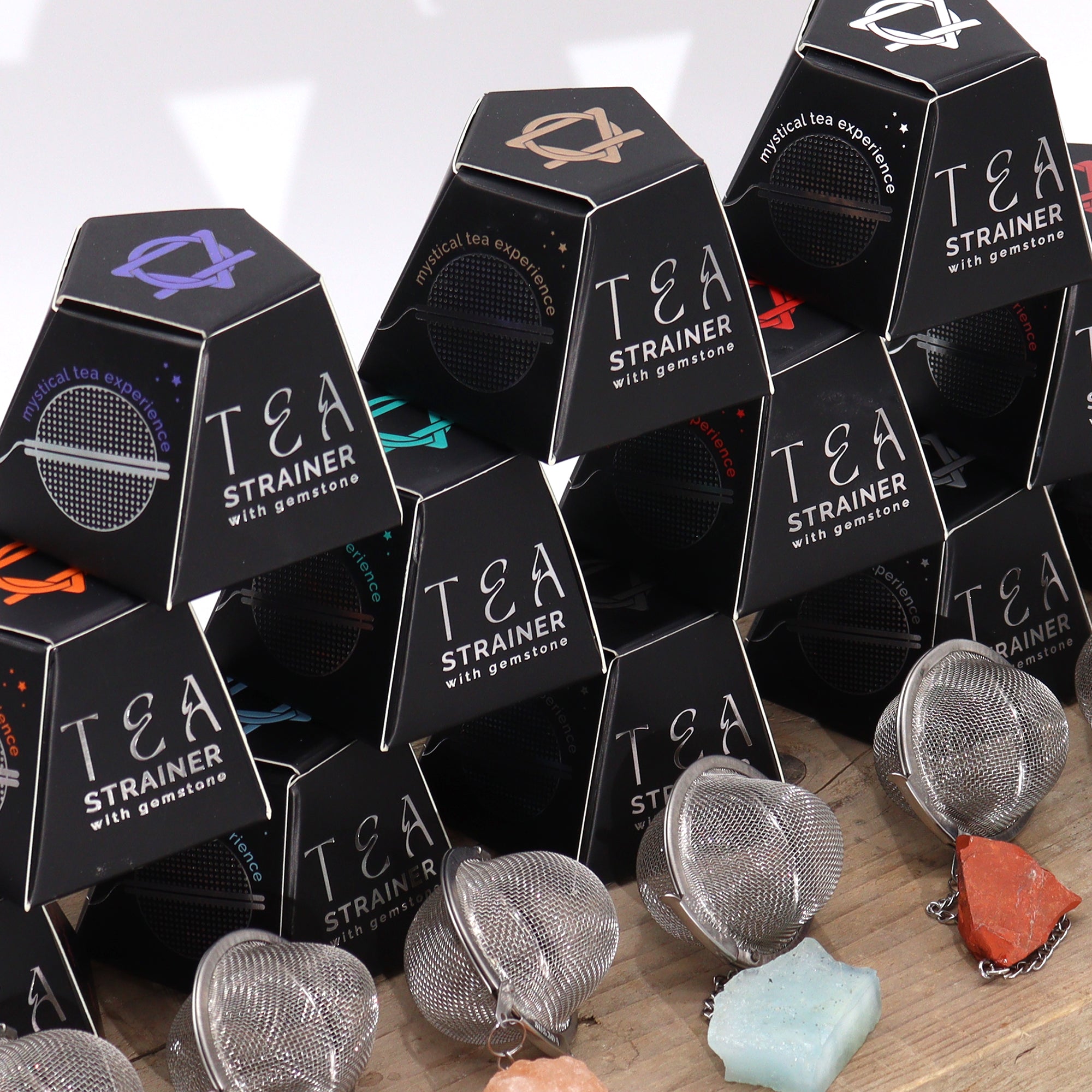 Colador de té con jaspe rojo crudo en acero SUS304, malla con cadena y piedra natural - aporta enraizamiento y vitalidad