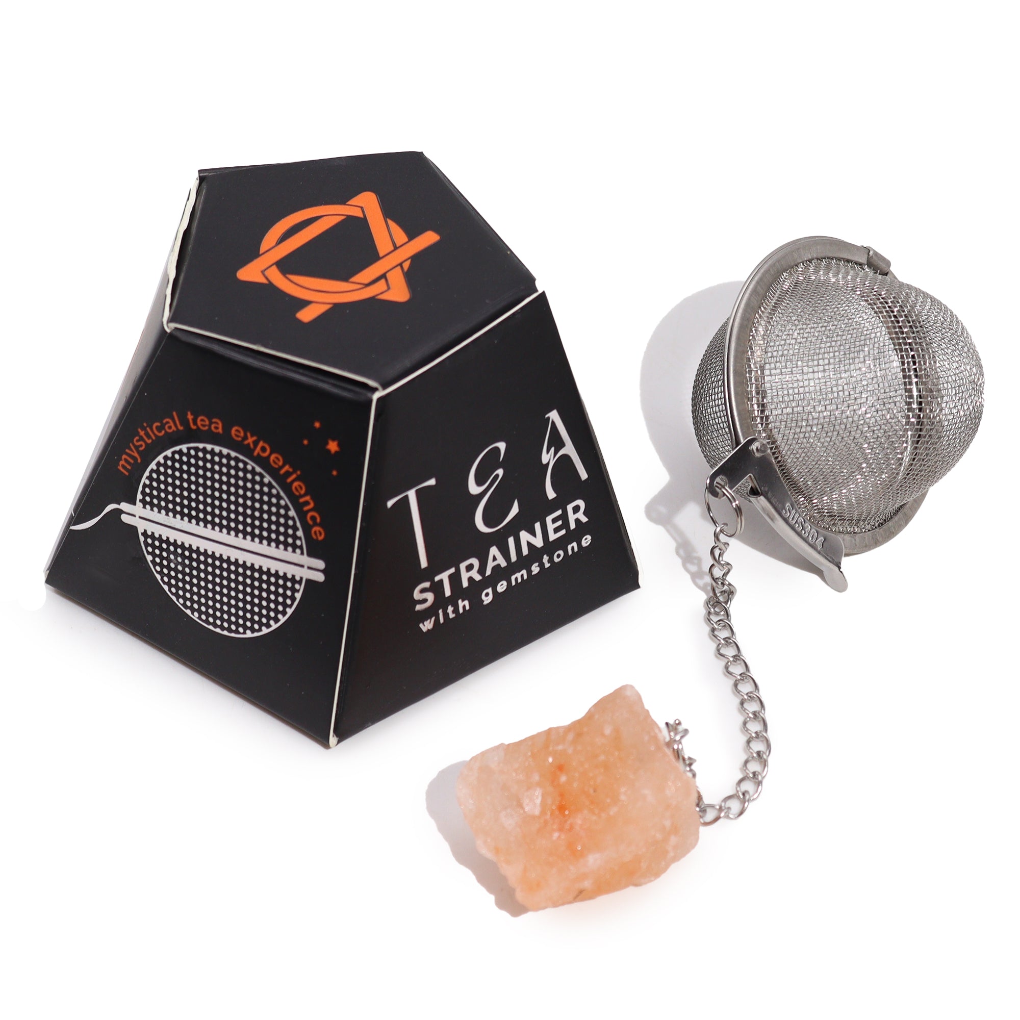 Colador de té con acero SUS304 y Cornalina cruda en cadena; malla y piedra naranja, pieza única - infusión con energía