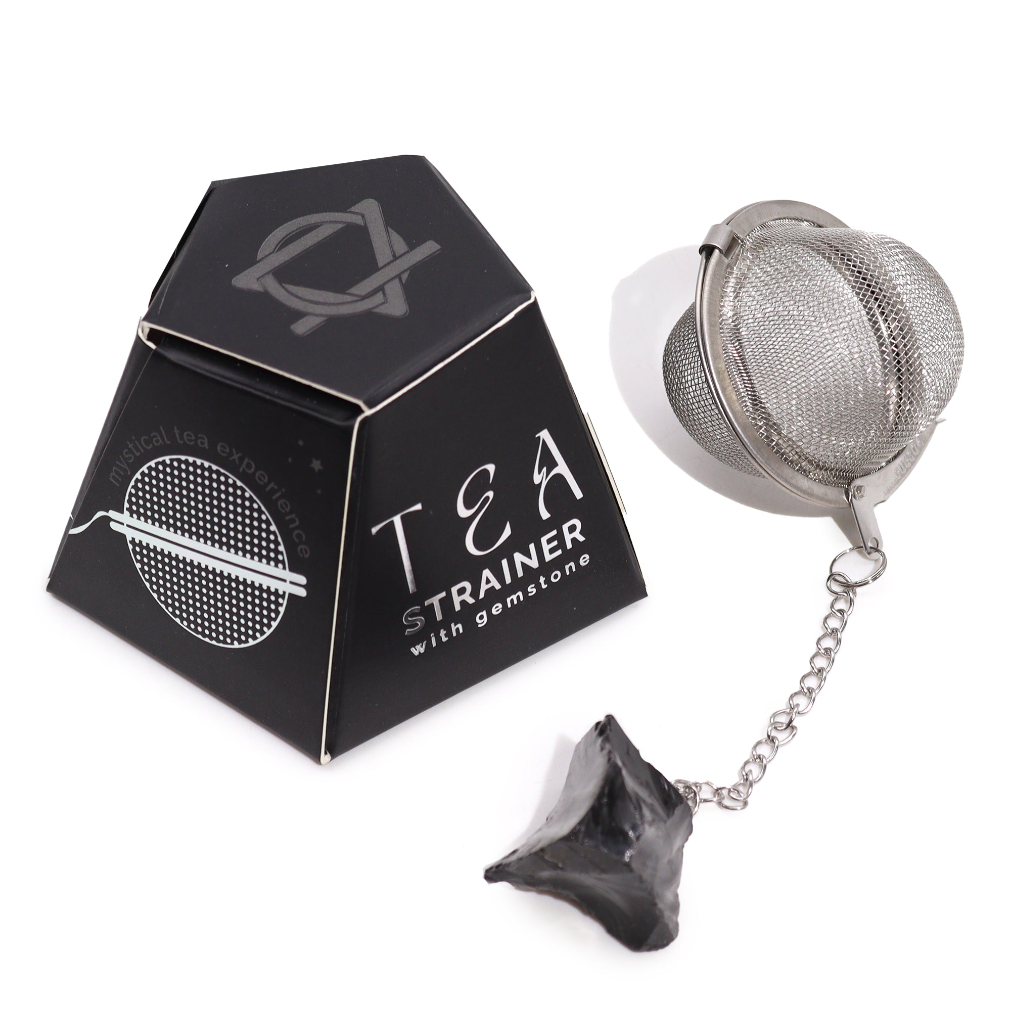 Colador de té con obsidiana negra, malla de acero SUS304 con cadena; piedra natural – protección y enraizamiento.
