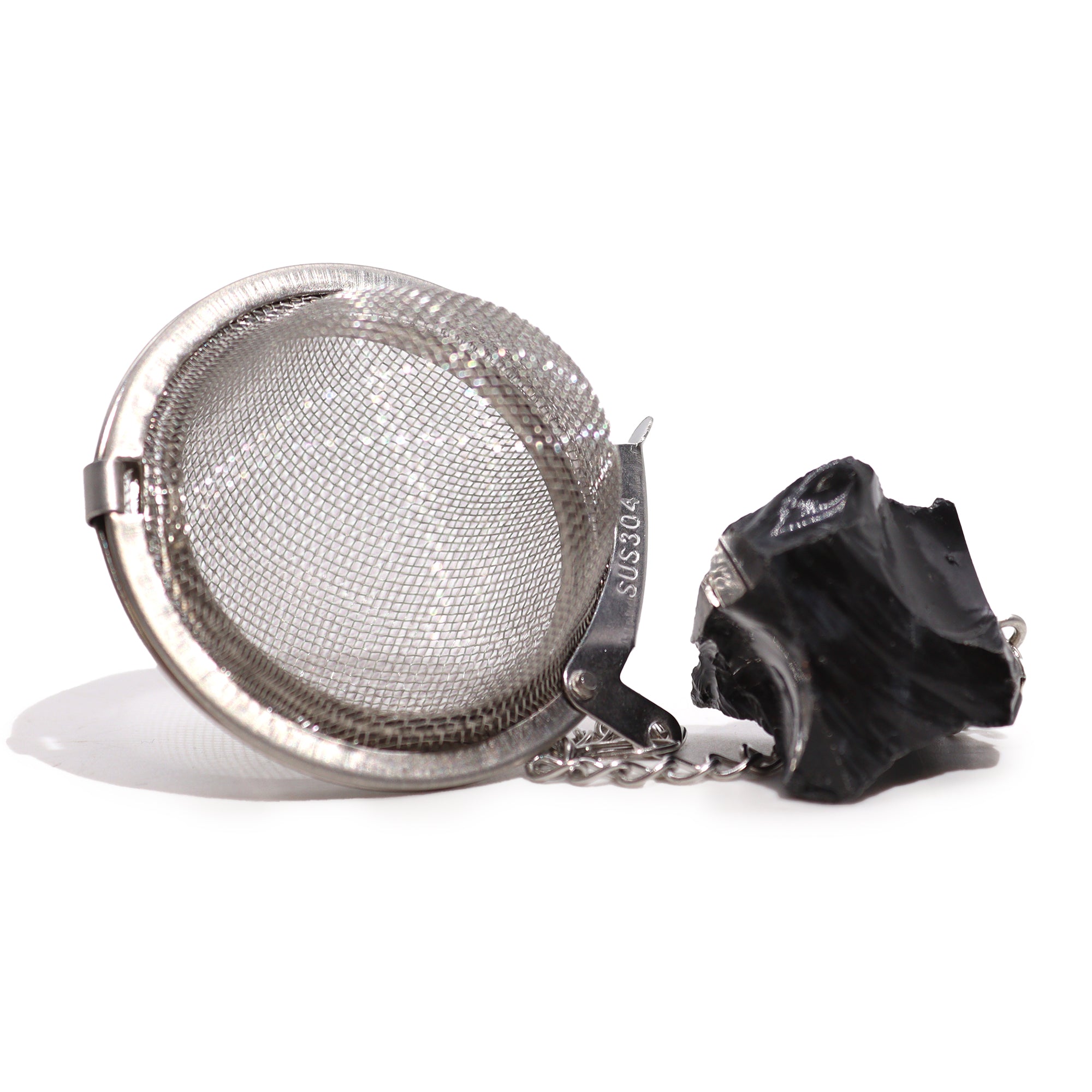 Colador de té con obsidiana negra, malla de acero SUS304 con cadena; piedra natural – protección y enraizamiento.