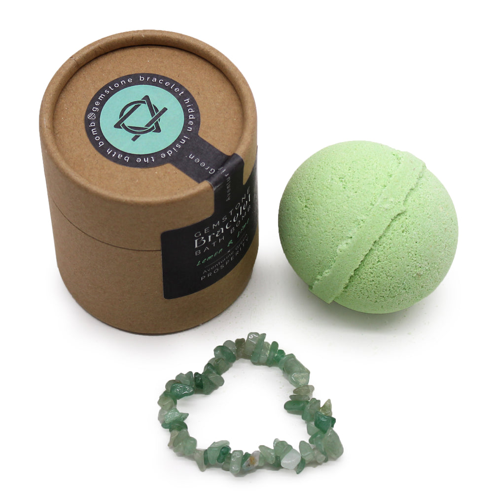 Aventurina verde: bomba de baño artesanal con pulsera oculta; aroma cítrico de limón y lima, 140 g - relaja y equilibra.