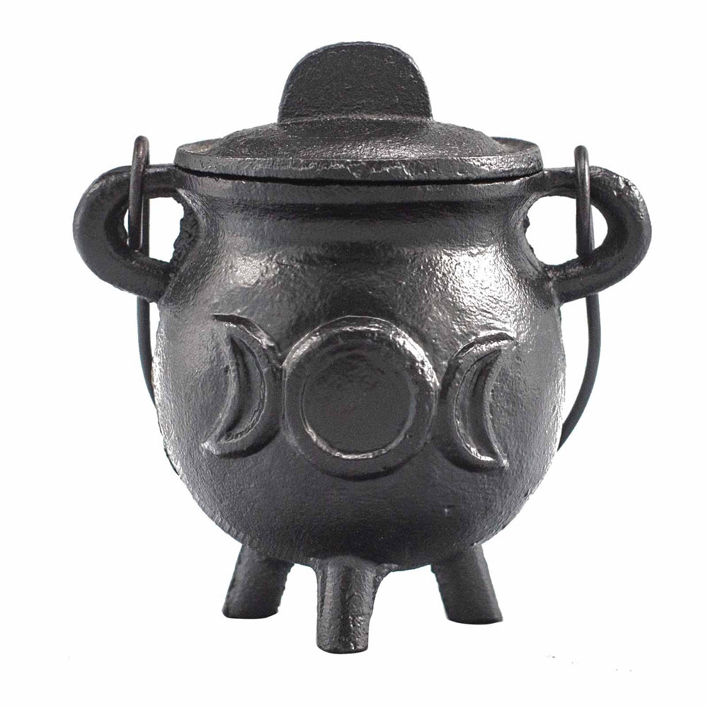 Caldero de hierro fundido con la triple luna, 6,5x13 cm, negro, asa y tapa - ideal para rituales y protección.