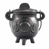 Caldero de hierro fundido con la triple luna, 6,5x13 cm, negro, asa y tapa - ideal para rituales y protección.