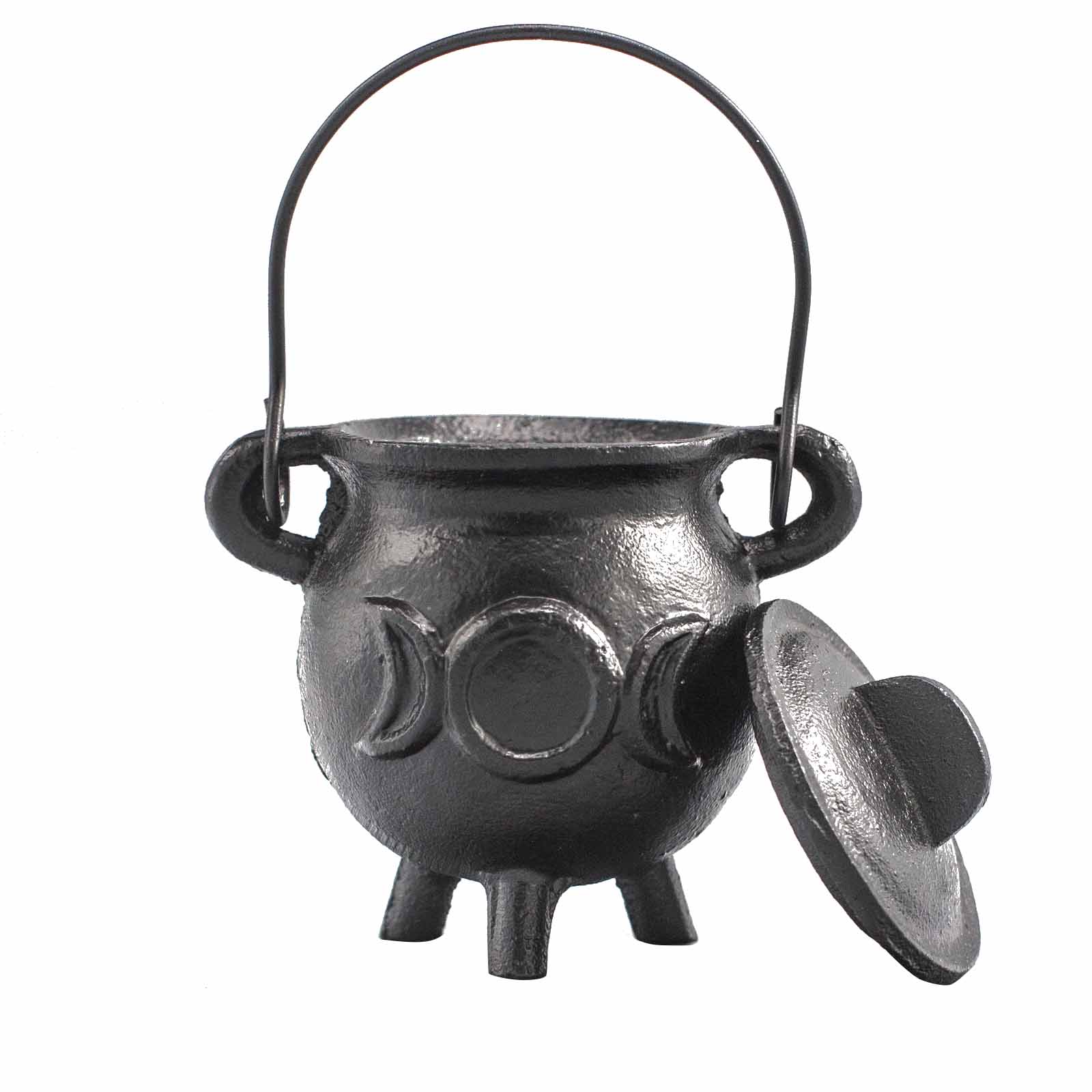 Caldero de hierro fundido con la triple luna, 6,5x13 cm, negro, asa y tapa - ideal para rituales y protección.