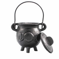 Caldero de hierro fundido con la triple luna, 6,5x13 cm, negro, asa y tapa - ideal para rituales y protección.