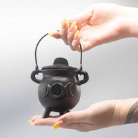 Caldero de hierro fundido con la triple luna, 6,5x13 cm, negro, asa y tapa - ideal para rituales y protección.