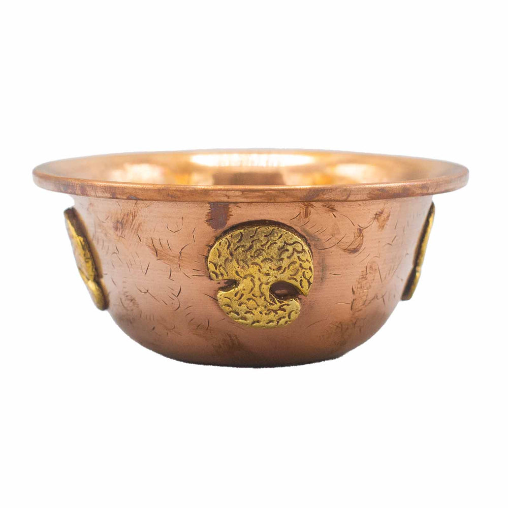 Cuenco ritual de cobre con Árbol de la Vida, 12x5 cm; pulido con adornos dorados – fomenta armonía y conexión espiritual