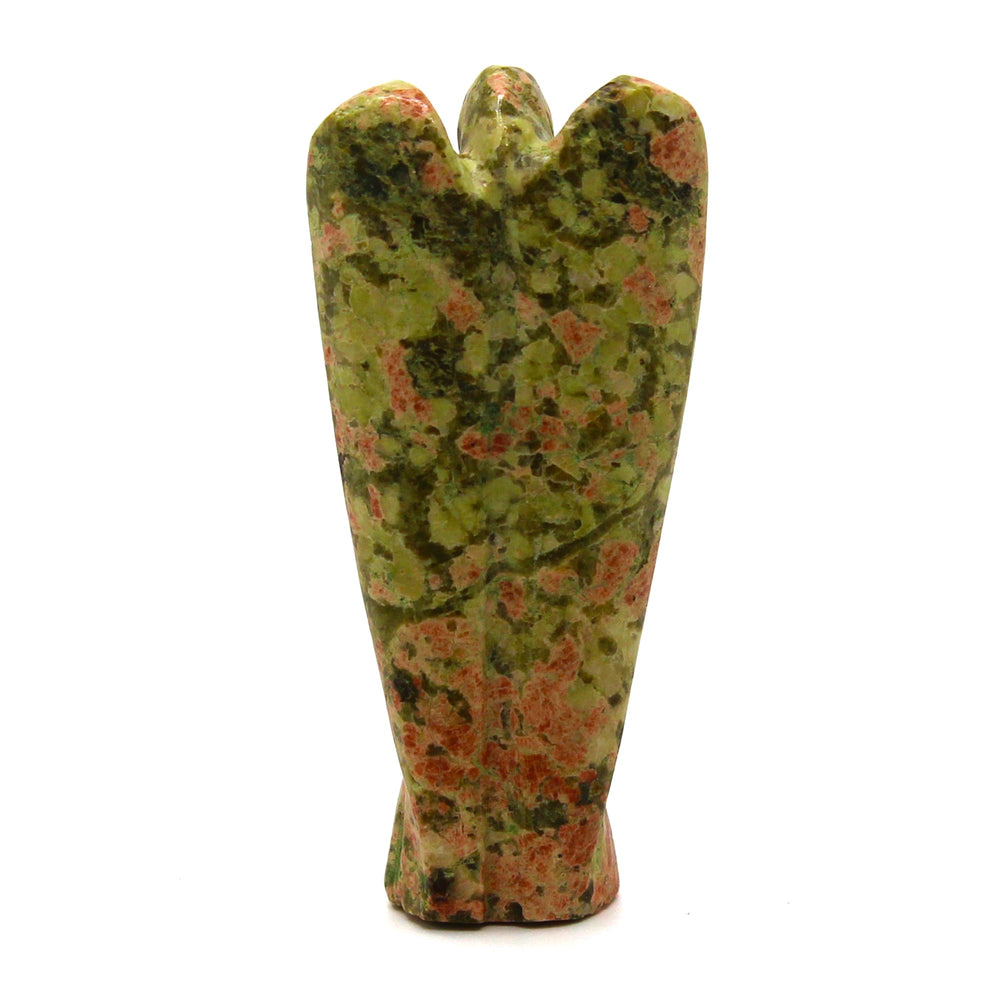 Unakita ángel de piedra preciosa tallado a mano, verde y rosa, acabado pulido - equilibrio emocional