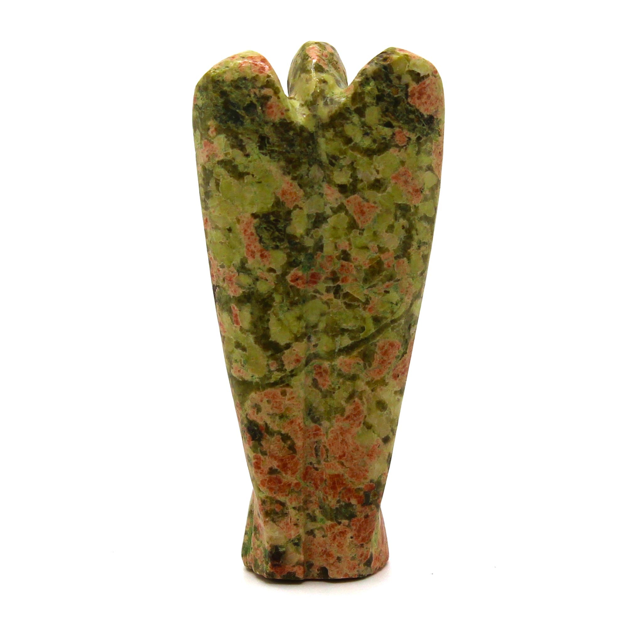 Unakita ángel de piedra preciosa tallado a mano, verde y rosa, acabado pulido - equilibrio emocional