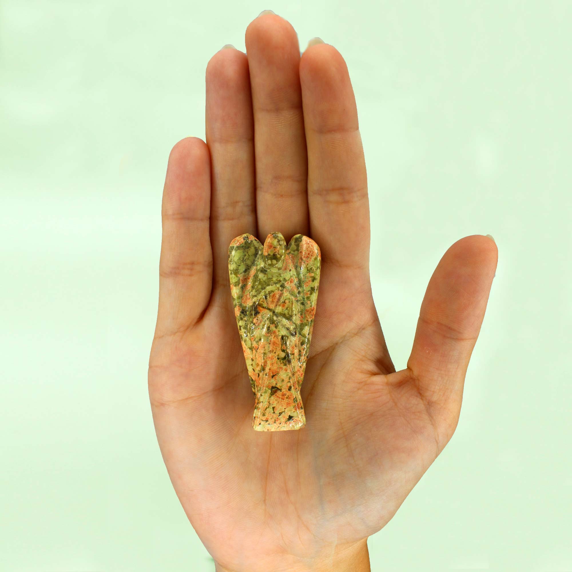 Unakita ángel de piedra preciosa tallado a mano, verde y rosa, acabado pulido - equilibrio emocional