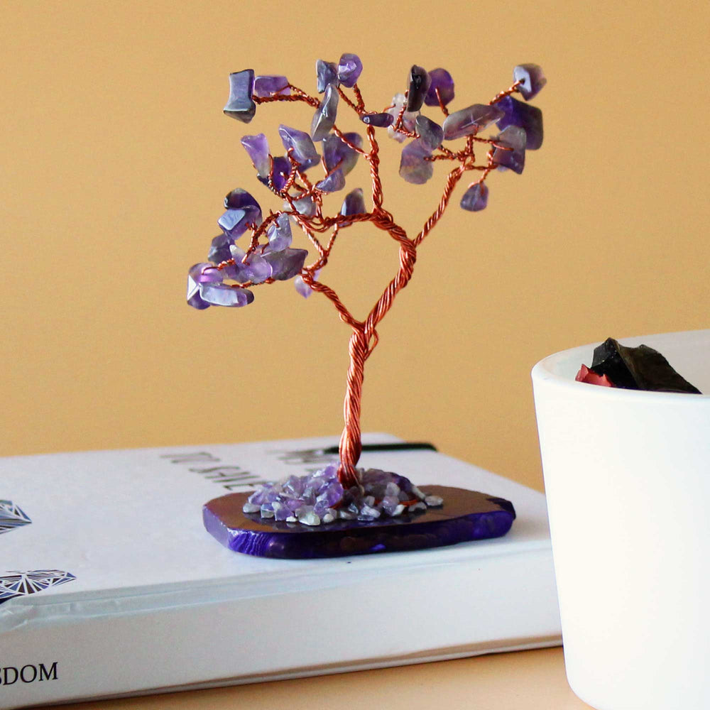Árbol de amatista sobre base de ágata natural, 35 cristales, 15 cm, violeta - favorece calma y protección espiritual.