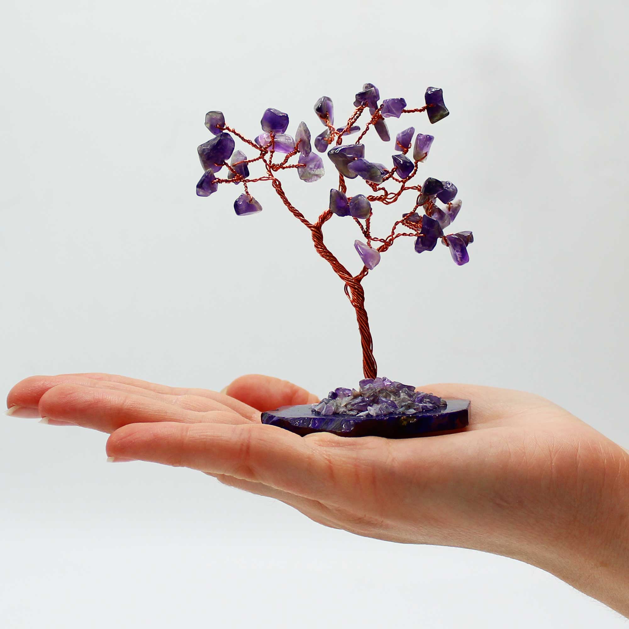 Árbol de amatista sobre base de ágata natural, 35 cristales, 15 cm, violeta - favorece calma y protección espiritual.