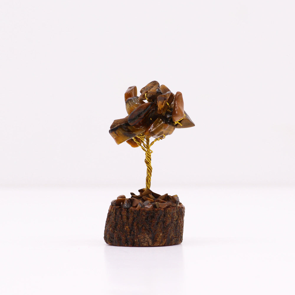 Ojo de Tigre: mini árbol de piedras doradas sobre base de madera, 15 gemas, ramas flexibles, 10–15 cm - Protección