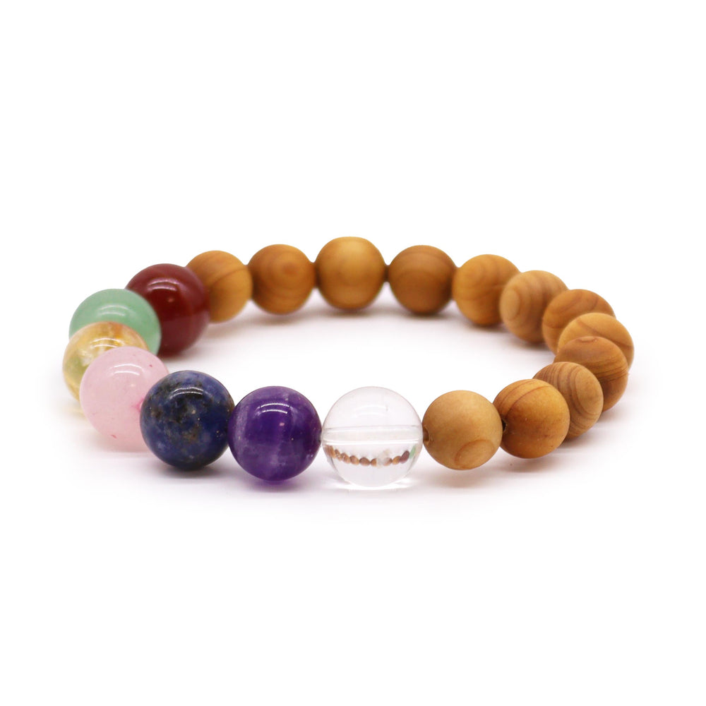 Pulsera de Cedro con cuentas de cristal, elástica, 20 cm, representa 7 chakras en tonos rojo, verde y violeta - equilibrio
