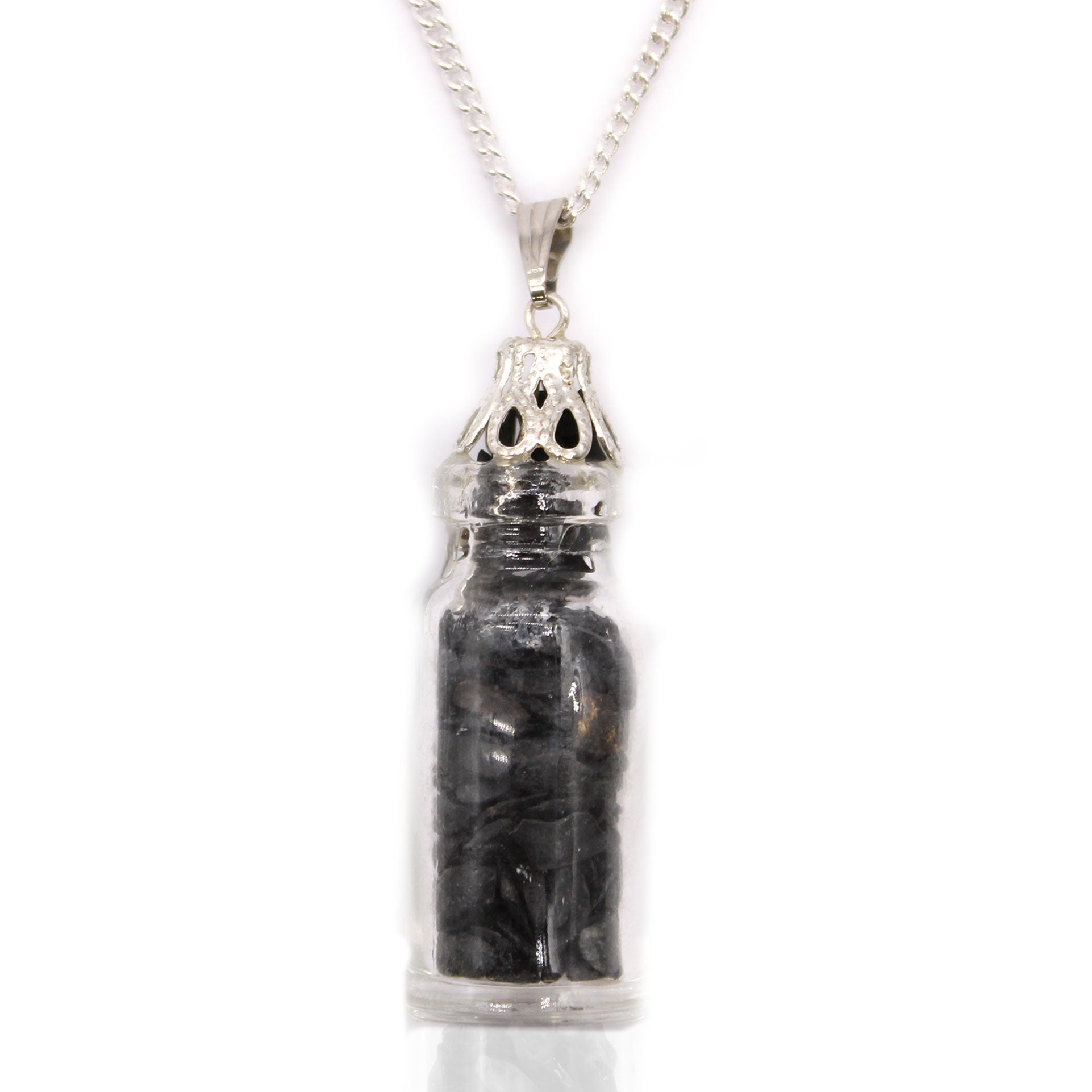 Collar de ónix negro embotellado: gemas en botella de vidrio transparente con tapón, cadena de 50 cm - protección y fortaleza