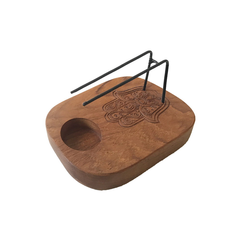 Calentador Palo Santo de teca con Hamsa, soporte para incienso con cavidad, acabado natural — protege y purifica el espacio
