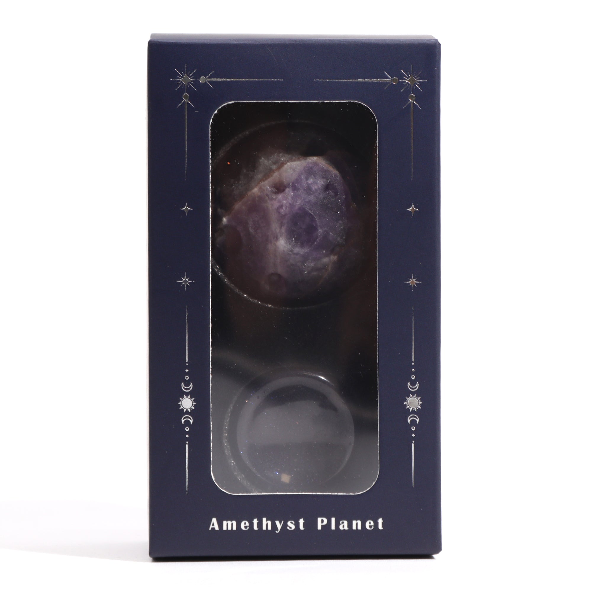 Planeta amatista: esfera morada 40 mm en soporte solar, representa Júpiter que impulsa intuición y claridad - protección