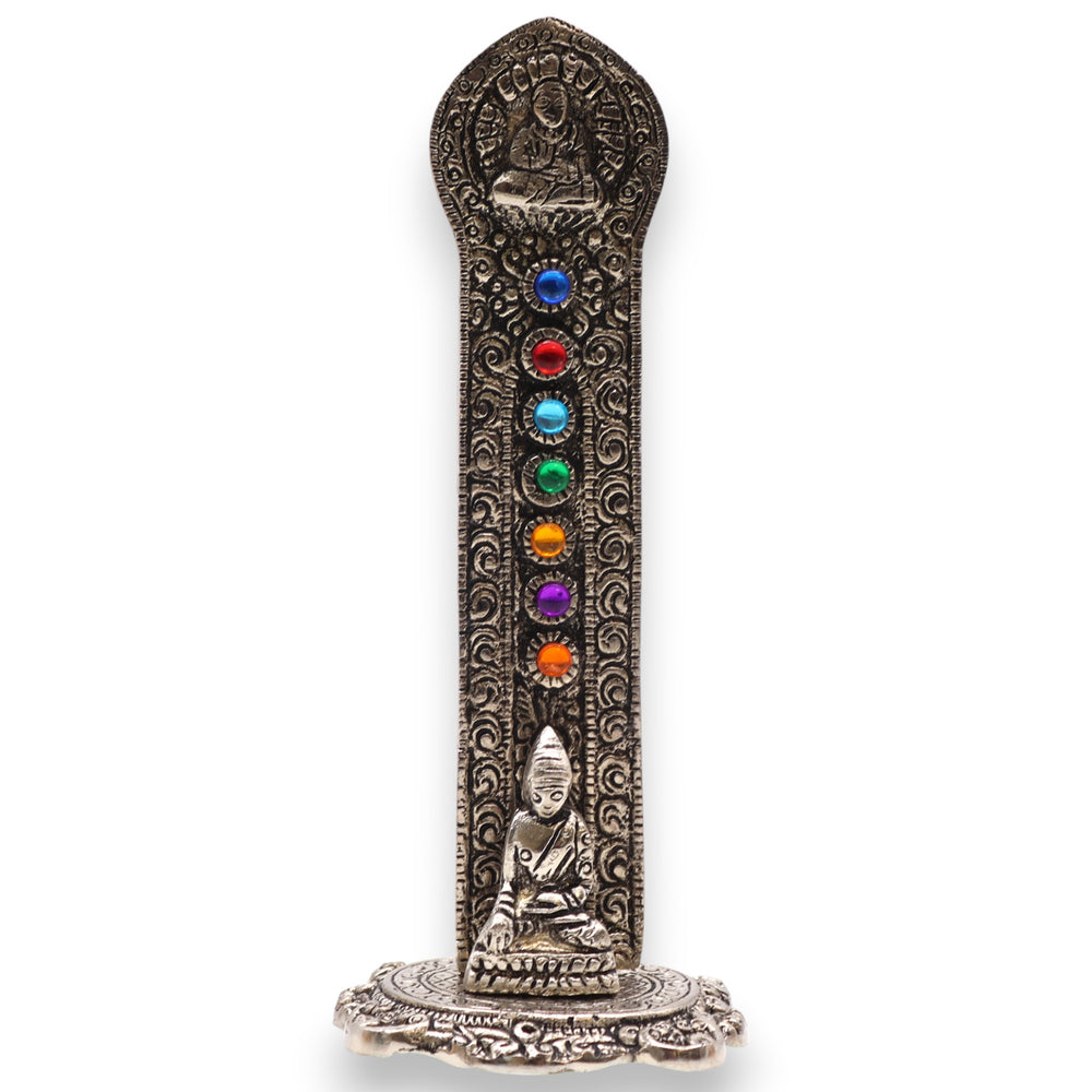 Porta-incienso Buda Torre 7 Chakras, 16x6x7 cm, resina de acabado piedra, Buda y centros energéticos coloreados - armonía