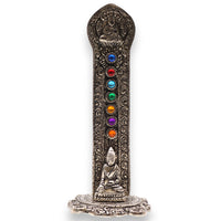 Porta-incienso Buda Torre 7 Chakras, 16x6x7 cm, resina de acabado piedra, Buda y centros energéticos coloreados - armonía