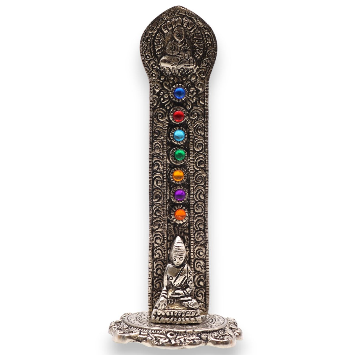 Porta-incienso Buda Torre 7 Chakras, 16x6x7 cm, resina de acabado piedra, Buda y centros energéticos coloreados - armonía