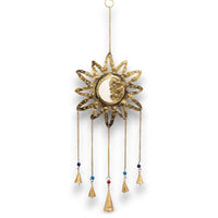 Campanas Indias Sol & Luna: móvil con Sol, Luna y espejo; 5 campanas multicolores de metal; 12x65 cm - armonía y energía