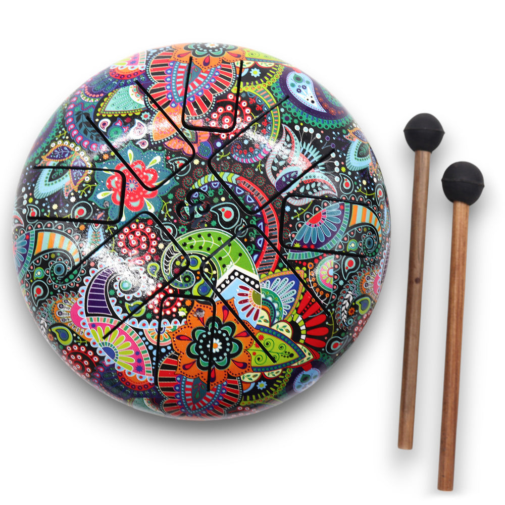 Tambor Hapi Multicolor OM 18 cm, acero con lengüetas y grabado OM, ritual colorido — armoniza chakras y eleva el ánimo