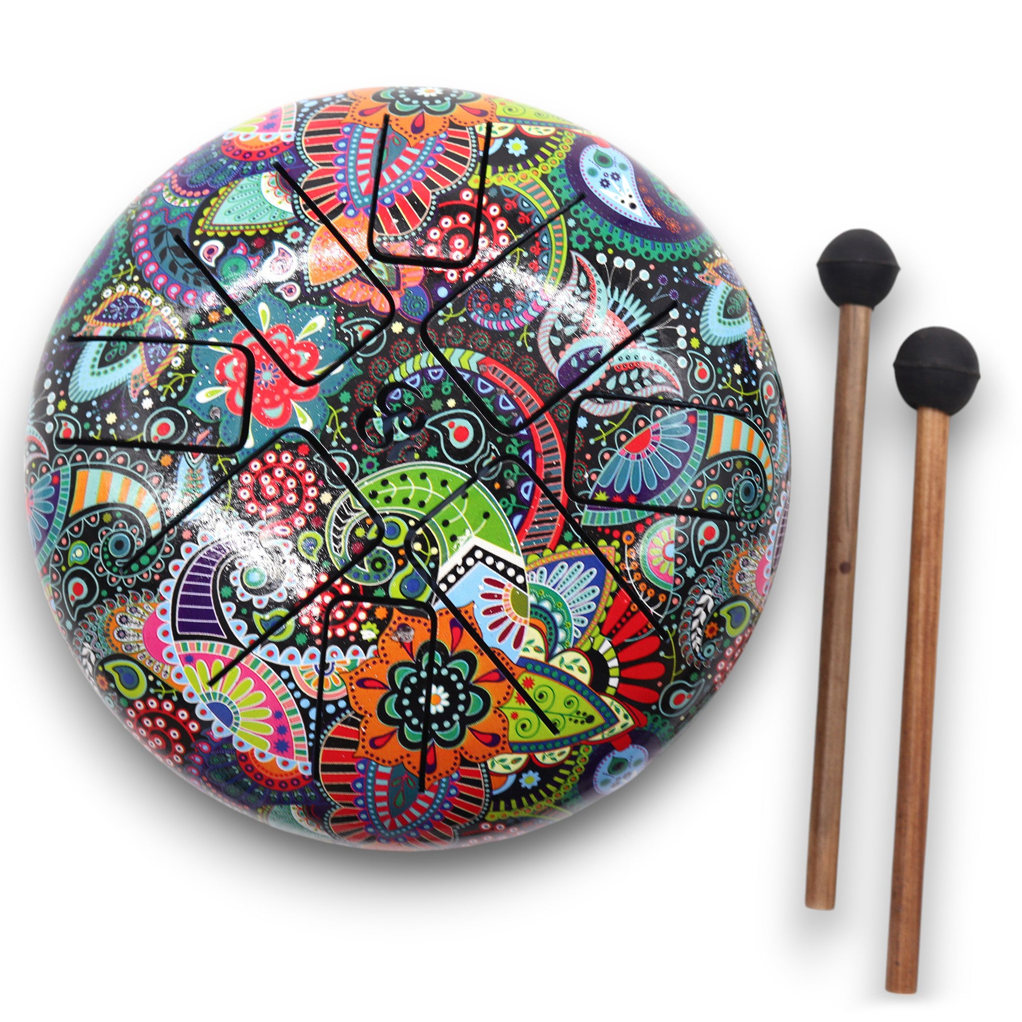 Tambor Hapi Multicolor OM 18 cm, acero con lengüetas y grabado OM, ritual colorido — armoniza chakras y eleva el ánimo
