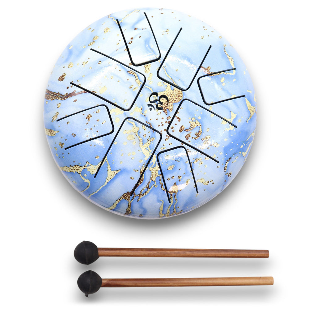Tambor Hapi Cielo Azul OM 18cm, acero con lengüetas, color azul y OM grabado - inspira paz y apertura del corazón.