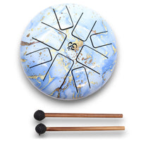 Tambor Hapi Cielo Azul OM 18cm, acero con lengüetas, color azul y OM grabado - inspira paz y apertura del corazón.