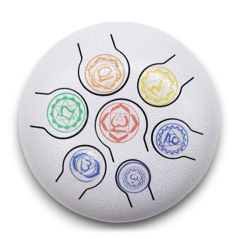 Tambor Hapi 7 Chakras 18 cm, acero con 7 lengüetas afinadas, diseño compacto plateado - favorece relajación y equilibrio