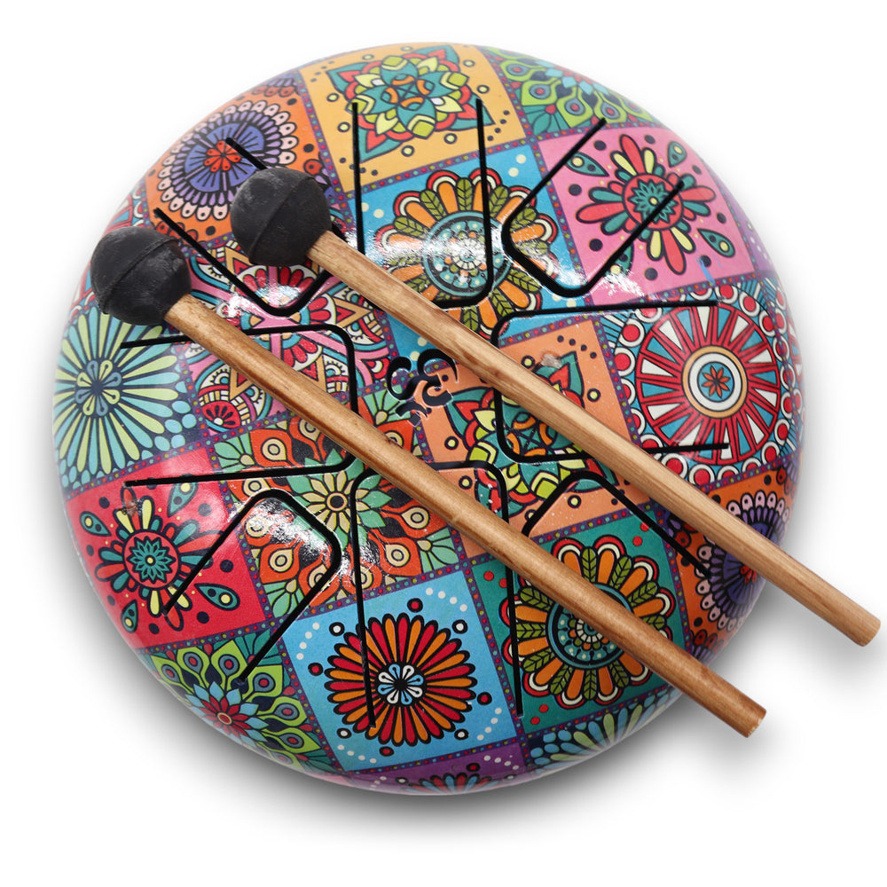 Tambor Hapi multicolor de 17x13 cm, disco circular con lengüetas de acero y diseño colorido - favorece la armonía de chakras