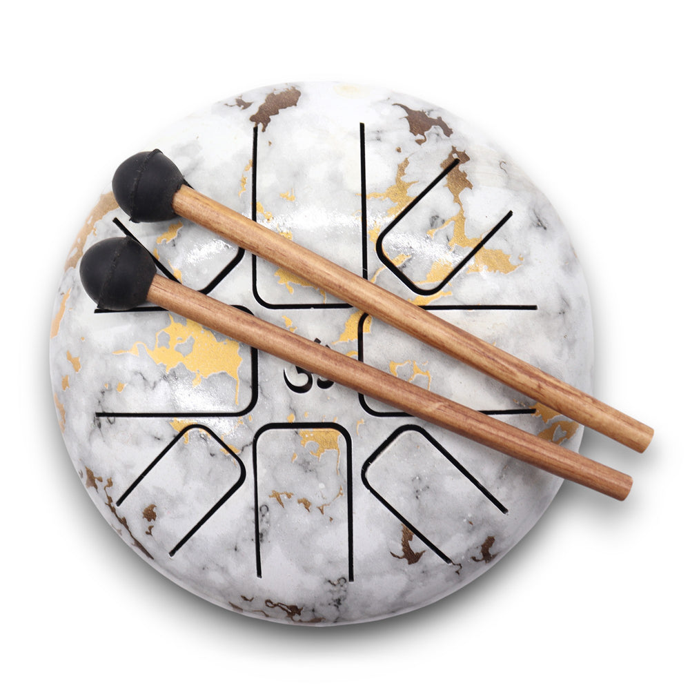 Tambor Mediano Hapi Mármol 17x13cm, acero con acabado mármol y mazos; ideal para meditación y rituales - calma y armonía