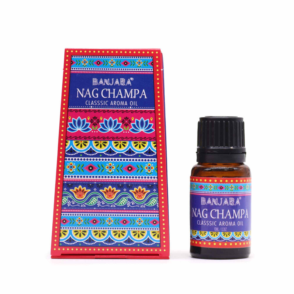 Aceite esencial Nag Champa: frasco de vidrio ámbar de 10 ml, aroma dulce‑floral con sándalo; envase premium - relajación