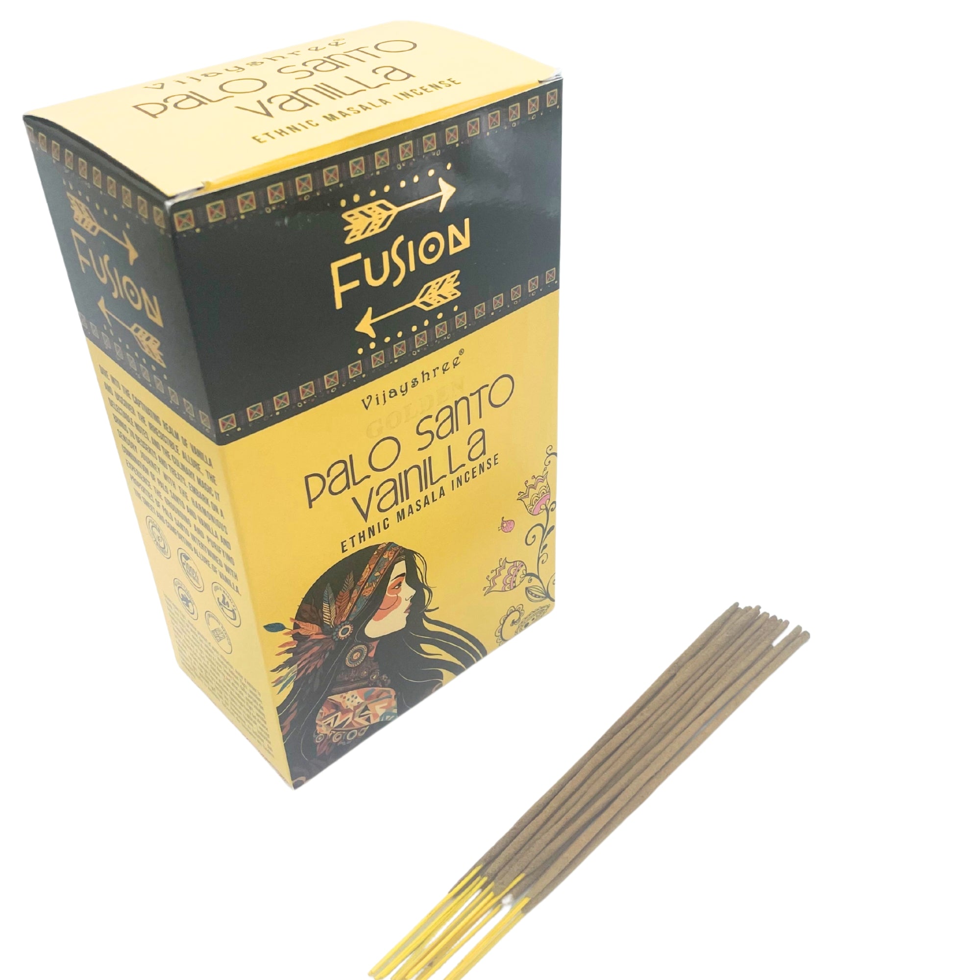 Incienso en varillas Palo Santo Dorado y Vainilla, 15 g, caja con 12 varillas; aroma amaderado y dulce, relajación y armonía.