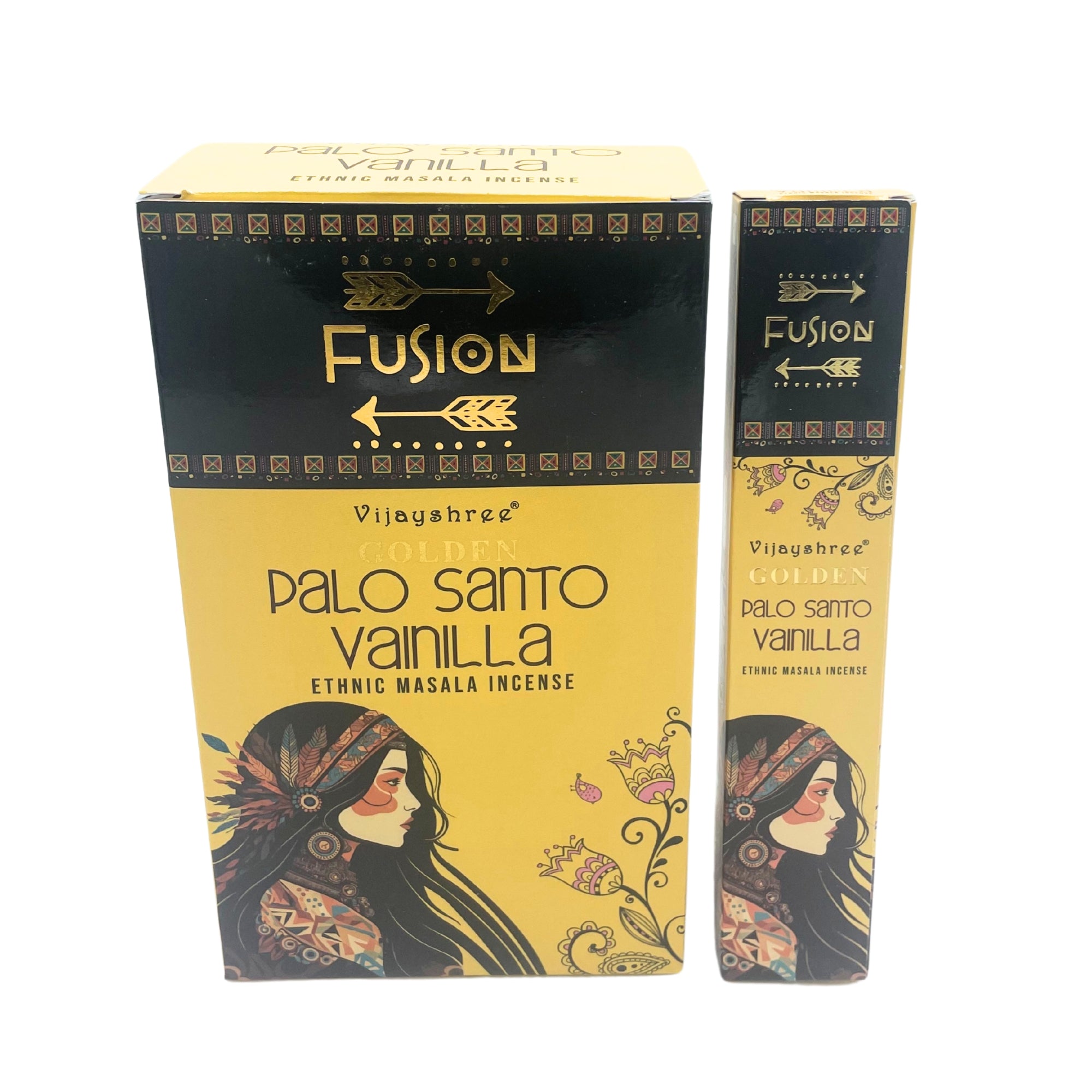 Incienso en varillas Palo Santo Dorado y Vainilla, 15 g, caja con 12 varillas; aroma amaderado y dulce, relajación y armonía.