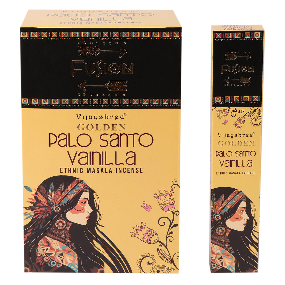Incienso en varillas Palo Santo Dorado y Vainilla, 15 g, caja con 12 varillas; aroma amaderado y dulce, relajación y armonía.