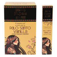 Incienso en varillas Palo Santo Dorado y Vainilla, 15 g, caja con 12 varillas; aroma amaderado y dulce, relajación y armonía.