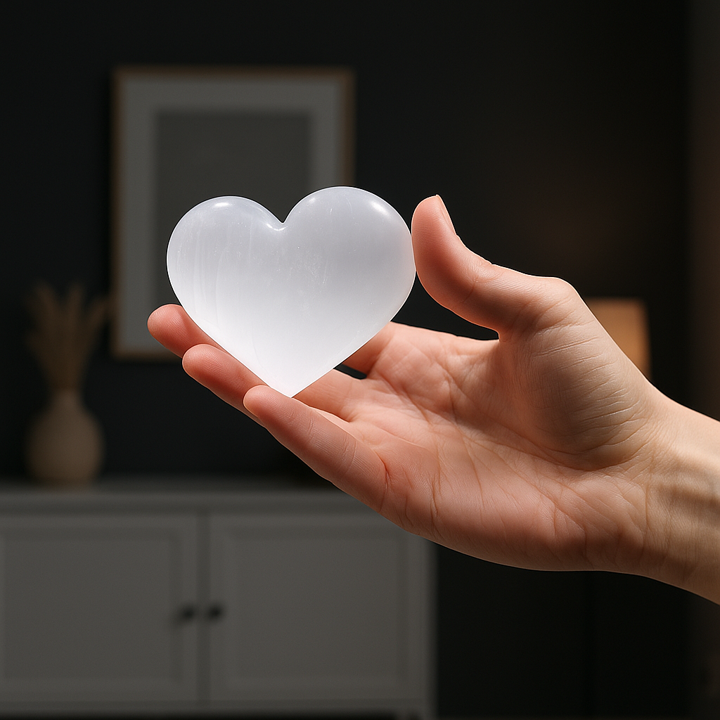Corazón de Selenita, tallado, forma cardiaca, tamaño 5-6 cm, tono perlado translúcido - Paz y purificación