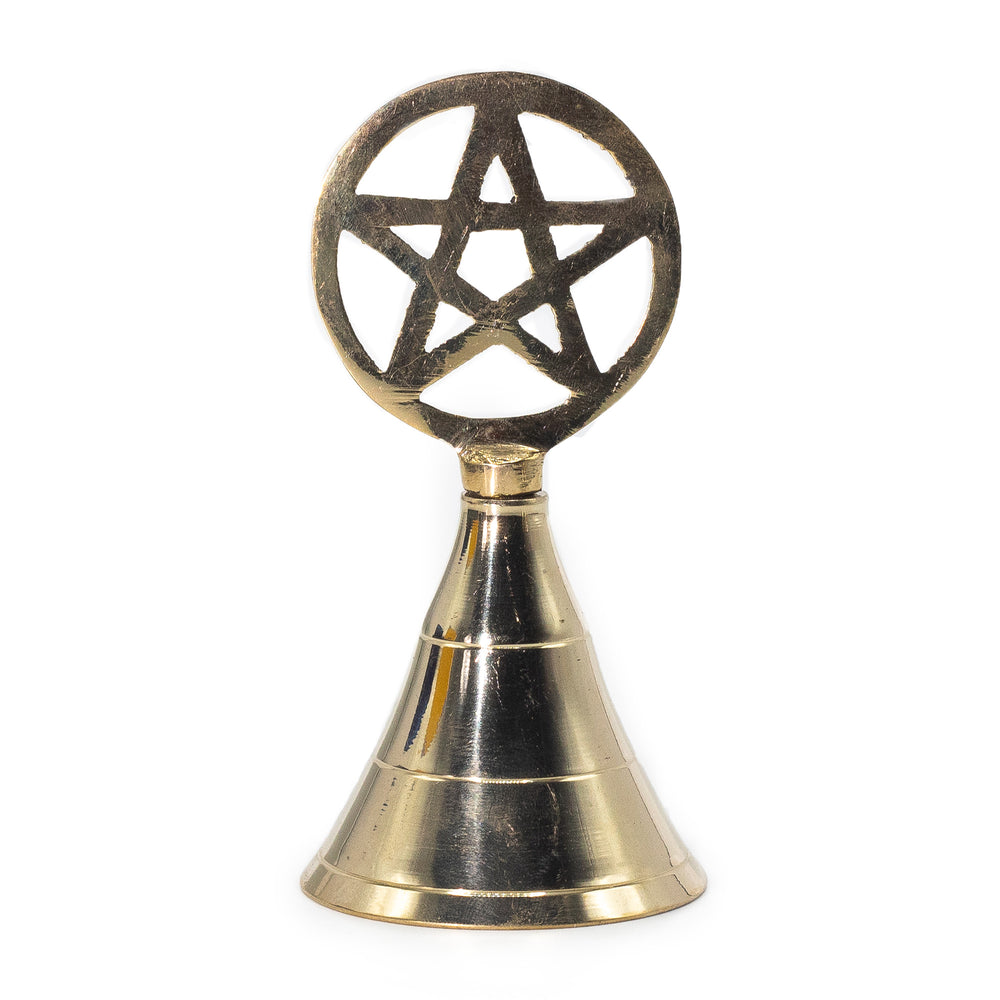 Campana de altar latón macizo dorado con pentagrama; altura 10,2 cm, símbolo 4,5 cm; sonido nítido - protege y armoniza